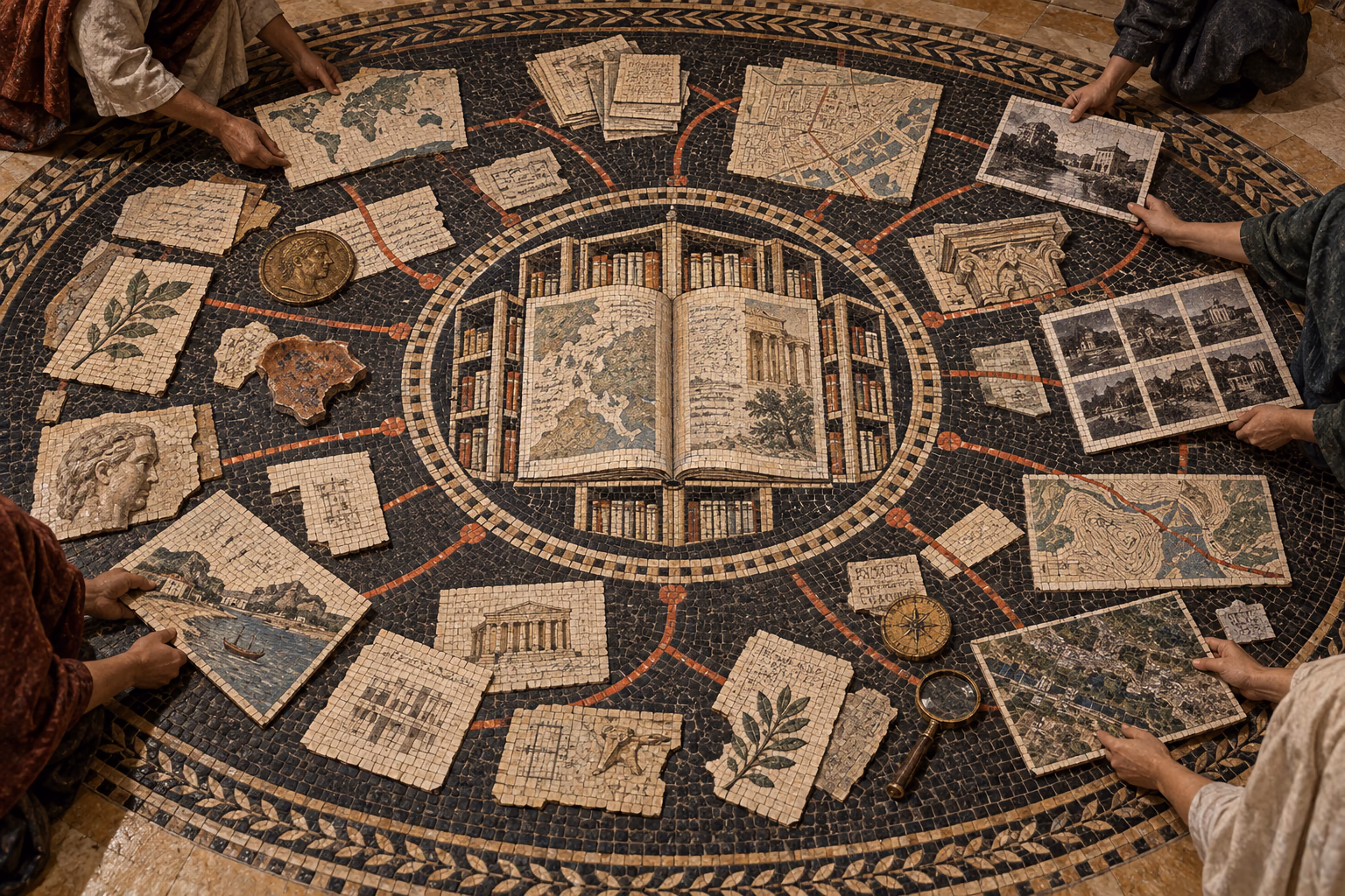 A stone mosaic of maps, records and photographs being joined into a shared archive